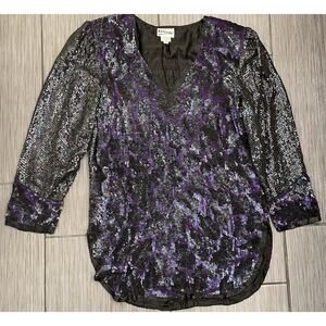 Vintage Vinnie Purple/Black Sequins Top Size Small Silk Lined V-Neck